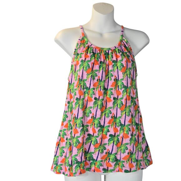 Bouffants & Broken Hearts Womens Small Linen Tank Top Pink Flamingo Palm Trees - Picture 1 of 10
